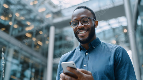 Smiling Man In Blue Shirt Using Smartphone Outdoors with Glass Buildings Background