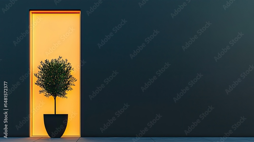 Fototapeta premium A solitary tree inside an illuminated wall niche appears serene