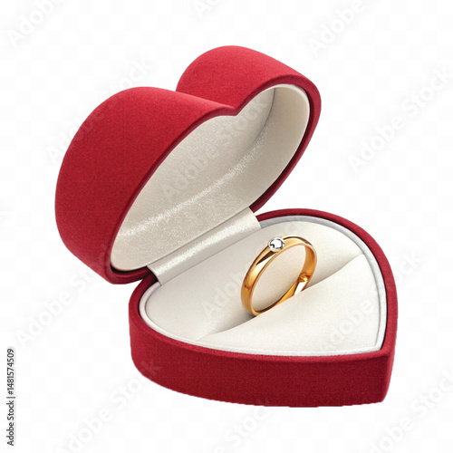 beautiful shiny gold wedding ring with red box in love style isolated on transparent background