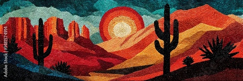 A bold, colorful mosaic of the Arizona desert featuring cacti, mountains, and a warm sunset with Native American geometric patterns.