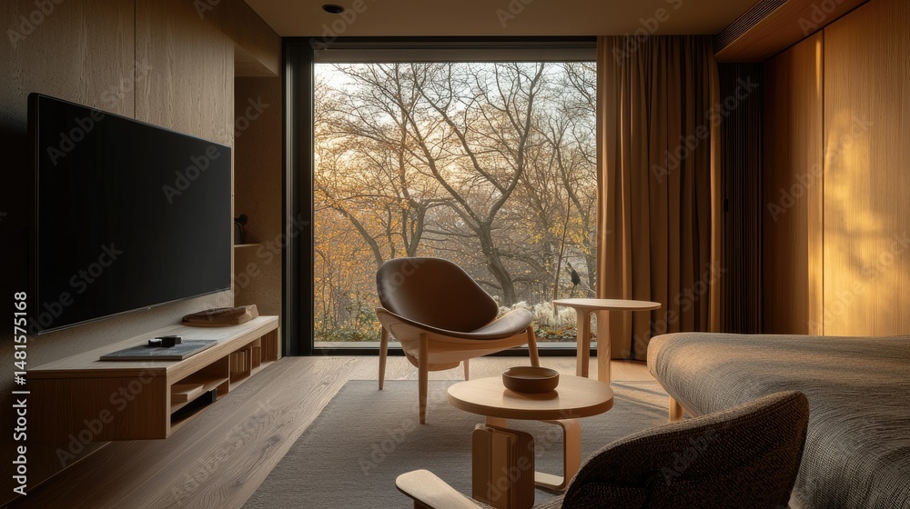 Fototapeta premium A Modern Living Space With Furniture And Natural Views