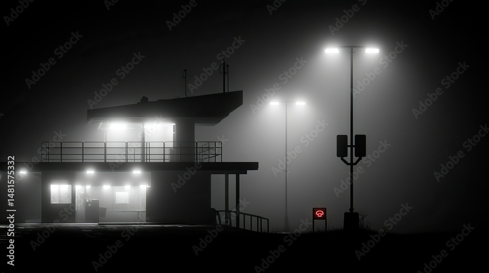 Fototapeta premium Illuminated building and streetlights in a foggy and dark environment