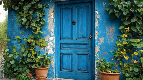 Blue door with greenery exterior
