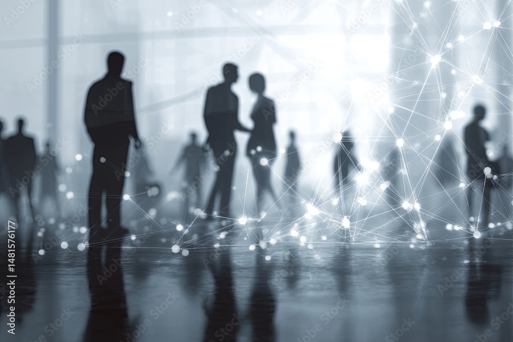 Abstract representation of teamwork and networking with digital connections and silhouettes of business people in a modern office setting Abstract representation of teamwork and networking with digital connections and silhouettes of business people in a modern office setting