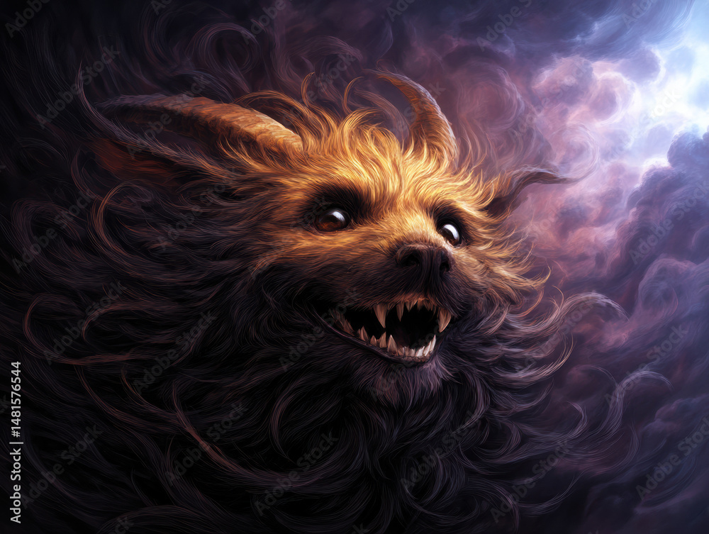 Naklejka premium fierce, fantasy creature with glowing eyes and sharp teeth emerges from swirling dark clouds, illuminated by mystical light.