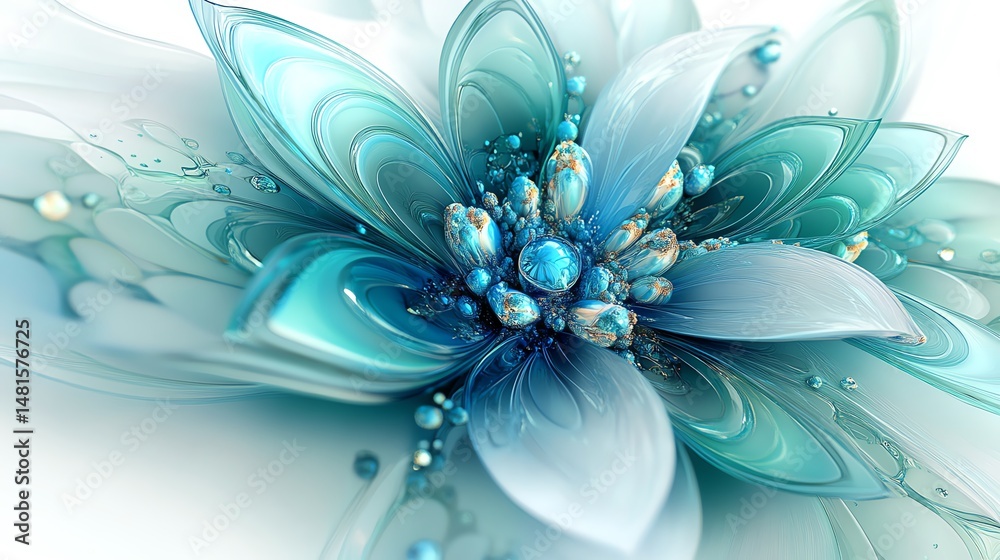 Beautiful green and blue bouquet on white background Abstract fantastic fractal flowers and gems Psychedelic digital art 3D rendering high resolution for isolate image