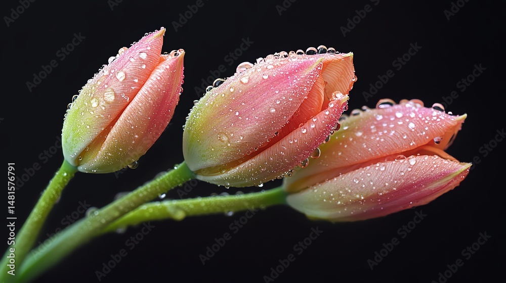 Pink tulips adorned with water droplets on a green stem high resolution for isolate image