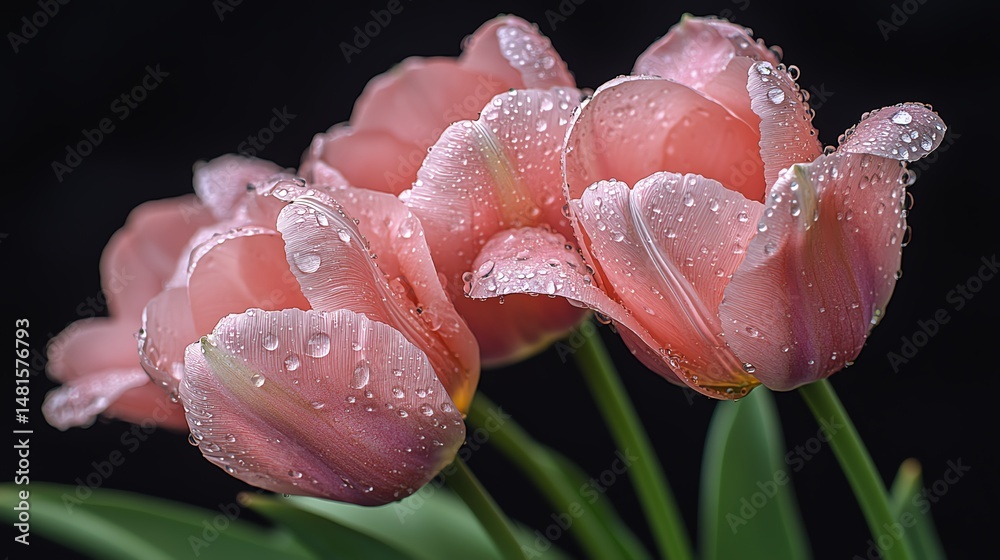 Pink tulips adorned with water droplets on a green stem high resolution for isolate image
