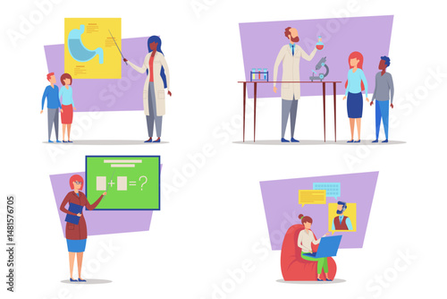 Students participating in diverse educational activities, including science experiments, math lessons, and technology engagement. Learning and curiosity concept