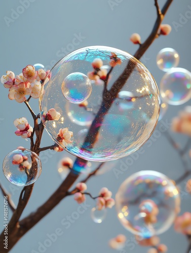 Obraz na płótnie A macro photo showcases numerous bubbles adorning a twig and a floral centerpiece high resolution for isolate image w salonie