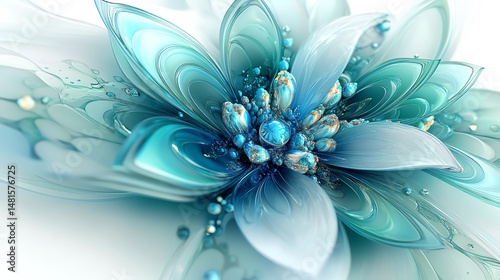 Obraz na płótnie Beautiful green and blue bouquet on white background Abstract fantastic fractal flowers and gems Psychedelic digital art 3D rendering high resolution for isolate image w salonie