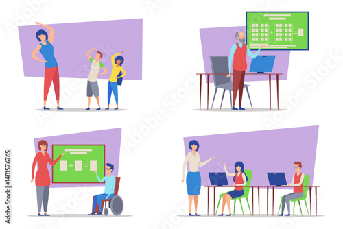 Various educational activities highlighting interaction among students and teachers. Inclusive learning environments and collaborative discussions in classrooms concept