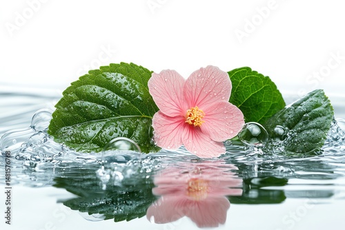 Obraz na płótnie Pink Flower and Green Leaves Floating in Refreshing Water with Bubbles high resolution for isolate image w salonie