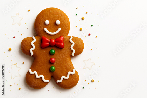 Classic Gingerbread Man Cookie with Red Bow Tie and Colorful Buttons on White Background with Star Shapes and Crumbs – Festive Holiday Treat in Horizontal 16:9 Format