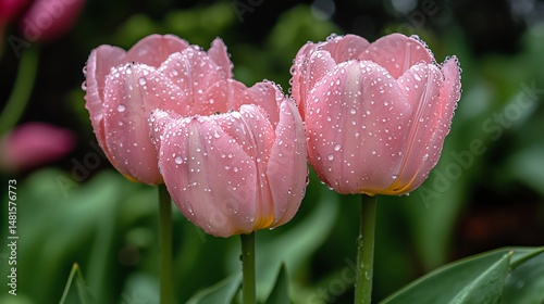 Pink tulips adorned with water droplets on a green stem high resolution   for isolate image