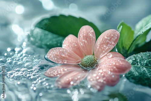Obraz na płótnie Pink Flower and Green Leaves Floating in Refreshing Water with Bubbles high resolution for isolate image w salonie