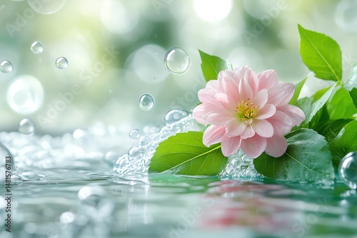 Obraz na płótnie Pink Flower and Green Leaves Floating in Refreshing Water with Bubbles high resolution for isolate image w salonie