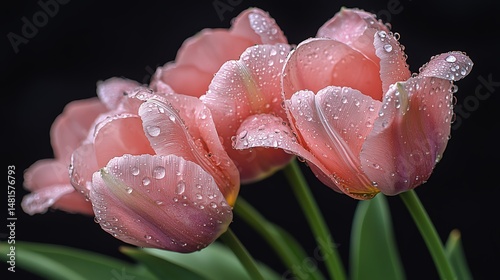 Obraz na płótnie Pink tulips adorned with water droplets on a green stem high resolution for isolate image w salonie