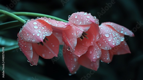 Obraz na płótnie Pink tulips adorned with water droplets on a green stem high resolution for isolate image w salonie