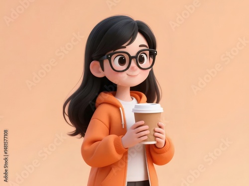 眼鏡をかけた笑顔の漫画の女性がオレンジ色のパーカーを着てコーヒーカップを持つ3Dレンダリング