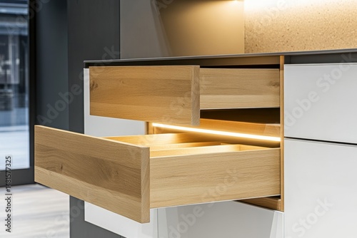 Open Kitchen Drawers with LED Lighting Interior Design Close Up Modern Style Cabinetry in a Contemporary Home