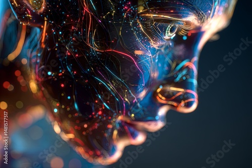 Futuristic Concept of Artificial Intelligence with Vibrant Colorful Lights and Abstract Human Profile Design photo