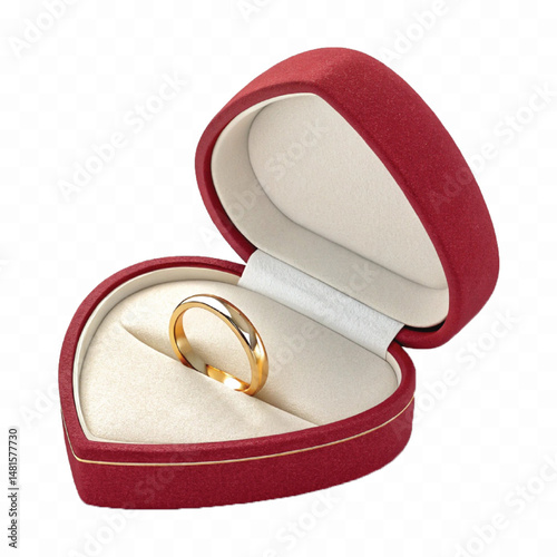 beautiful shiny gold wedding ring with red box in love style isolated on transparent background