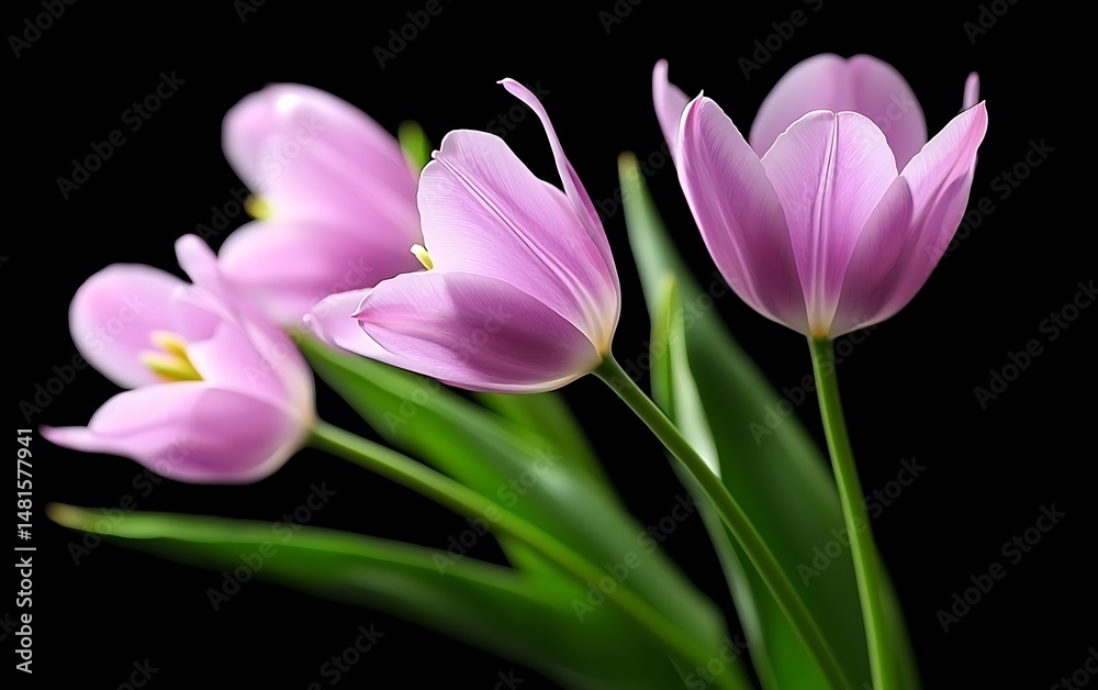 Fototapeta premium Elegant light purple tulips on black background