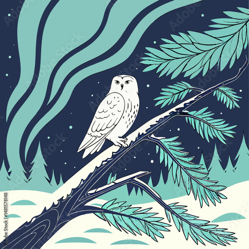 Snowy owl perched on frosted pine tree beneath vibrant northern lights in a serene winter night scene.