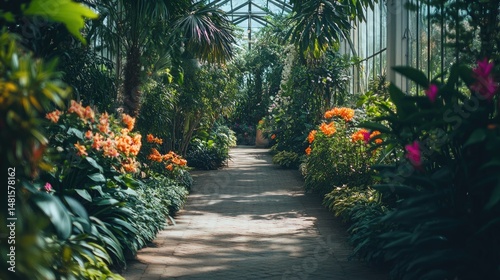 A sunlit walkway through a lush and vibrant indoor garden