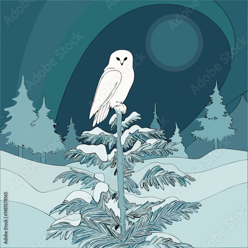Snowy owl perched on frosted pine tree beneath vibrant northern lights in a serene winter night scene.