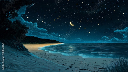 Serene night sky illuminated by a crescent moon over a tranquil ocean.