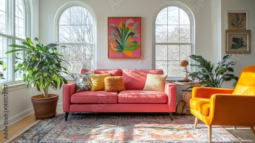 A bright living room with a pink sofa, cheerful orange armchair, abstract art, and potted plants. Sunlight streams through arched windows, highlighting a patterned area rug.