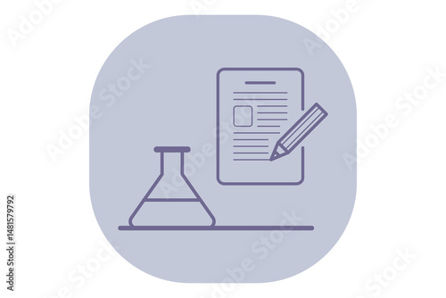 Stylized graphic of laboratory flask and document with writing. Intersection of research and education, learning in scientific fields concept