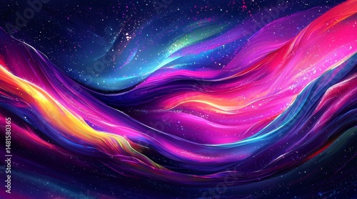 This illustration features vibrant colors and dynamic holographic liquid effects.
