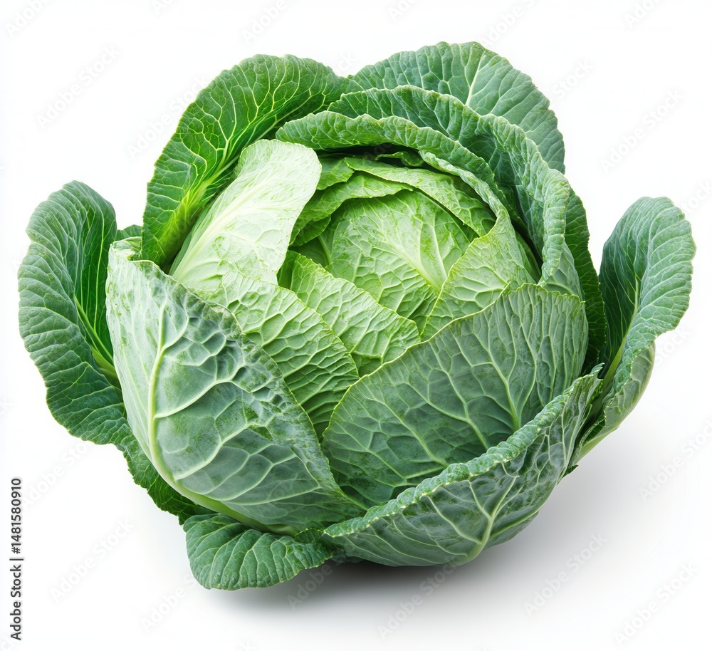 Fototapeta premium Fresh and vibrant head of cabbage isolated on a clean white background showcasing its lush greens and neatly layered leaves