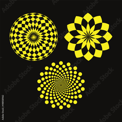 A set of three distinct geometric mandala patterns in yellow and black. Abstract and decorative designs.