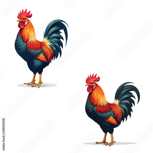 Colorful artistic vector illustration of two standing roosters against a white background