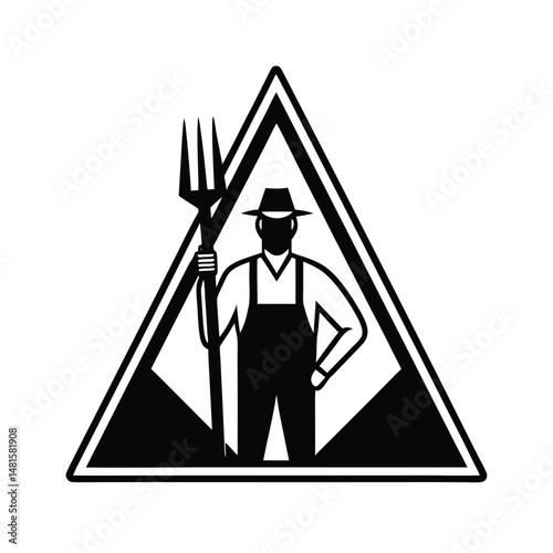 Silhouette illustration of a farmer holding a pitchfork within a geometric triangle shape