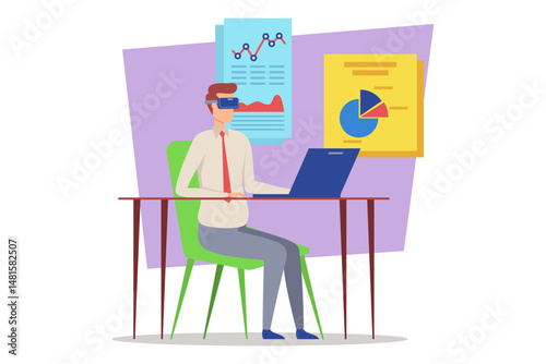 Person seated at desk wearing virtual reality goggles, engaged in work-related activities. Charts and graphs on wall, indicating focus on data analysis