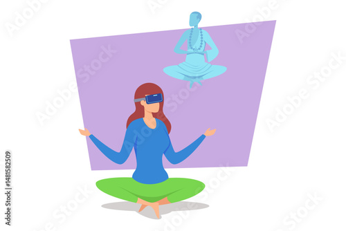 Person practicing meditation using virtual reality technology, seated in cross-legged position with serene expression. VR experience featuring calming blue figure above them