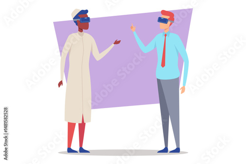 Two individuals engaged in virtual reality conversation. Men wearing VR headsets and distinct clothing styles, highlighting cultural diversity and technology