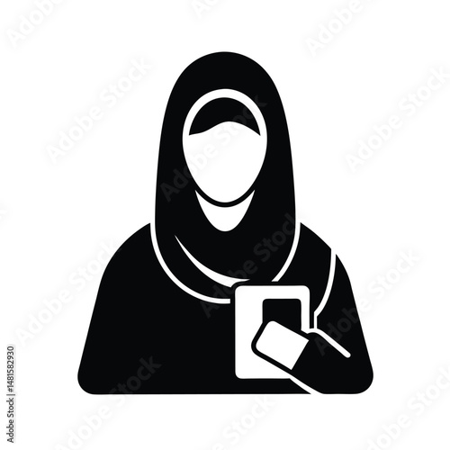 Black and white illustration depicting a woman wearing a hijab holding a smartphone device communicating online or browsing content