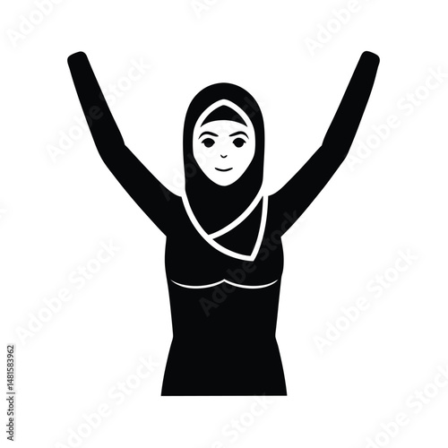 Simple illustration of a muslim woman wearing a hijab with arms raised upward against a white background
