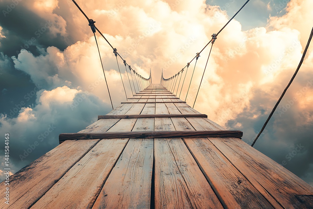 Obraz premium Low angle view wooden bridge disappearing in cloudy skies with suspension cable