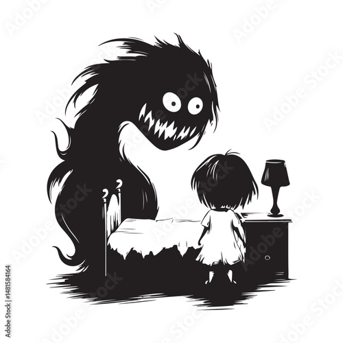 Frightened child in the dark bedroom, nightmare, shadow monsters, horror scene image vector.