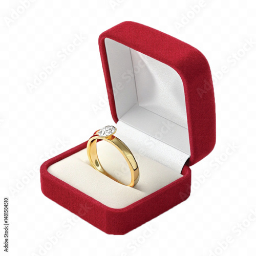 beautiful shiny gold wedding ring with red box in love style isolated on transparent background