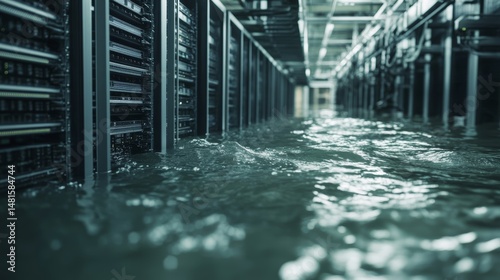 Flooded data center catastrophe: server room underwater showing damage it infrastructure failure and business disruption disaster recovery backup and cybersecurity risks 