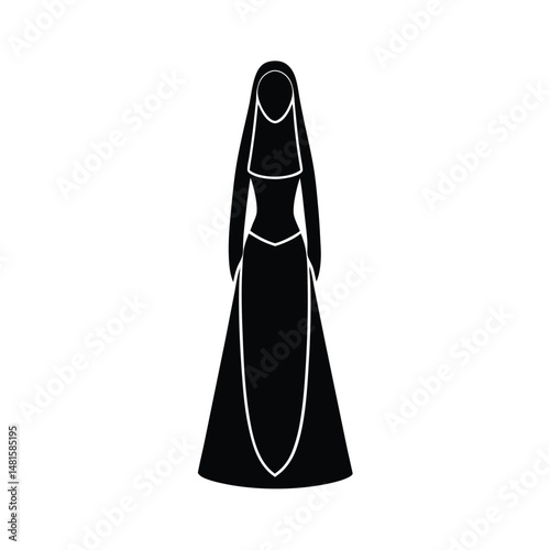 Elegant black silhouette of a medieval woman in a flowing gown and veil isolated on a white background