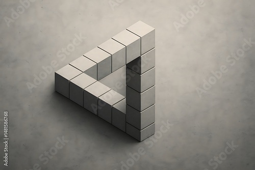 A 3d rendered penrose triangle illusion constructed from textured concrete style blocks on grey background